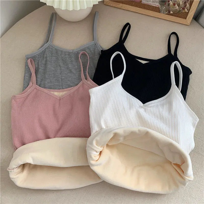 Women Sexy Solid Color Tops Thermal Casual Comfortable Elasticity Crop top Black Thin Velvet Sleeveless  Underwear Tank Top