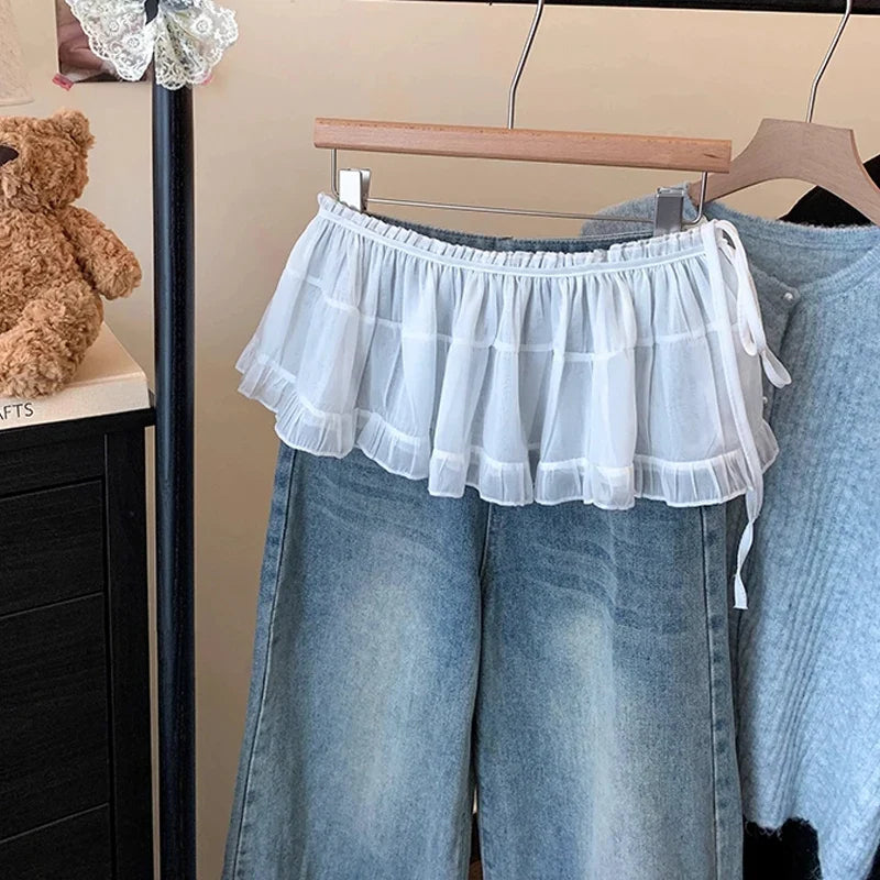 Solid Harajuku White Beige Mesh Lace Skirt Y2k Korean Girl Stacked Skirt Chic Apron Wrap Skirt Lace Up Matching Pants Streetwear