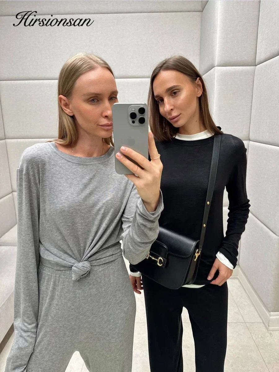 Hirsionsan Modal Soft Loose Sets Women 2026 Casual Two Pieces Long Sleeve T Shirts and High Waist Dresses Outfits Tracksuit