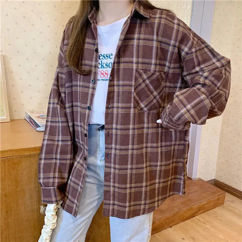 Xpqbb Vintage Women Plaid Shirts Autumn Long Sleeve Oversize Button Up Blouses Female Streetwear Loose Casual Shirts Femme Coat