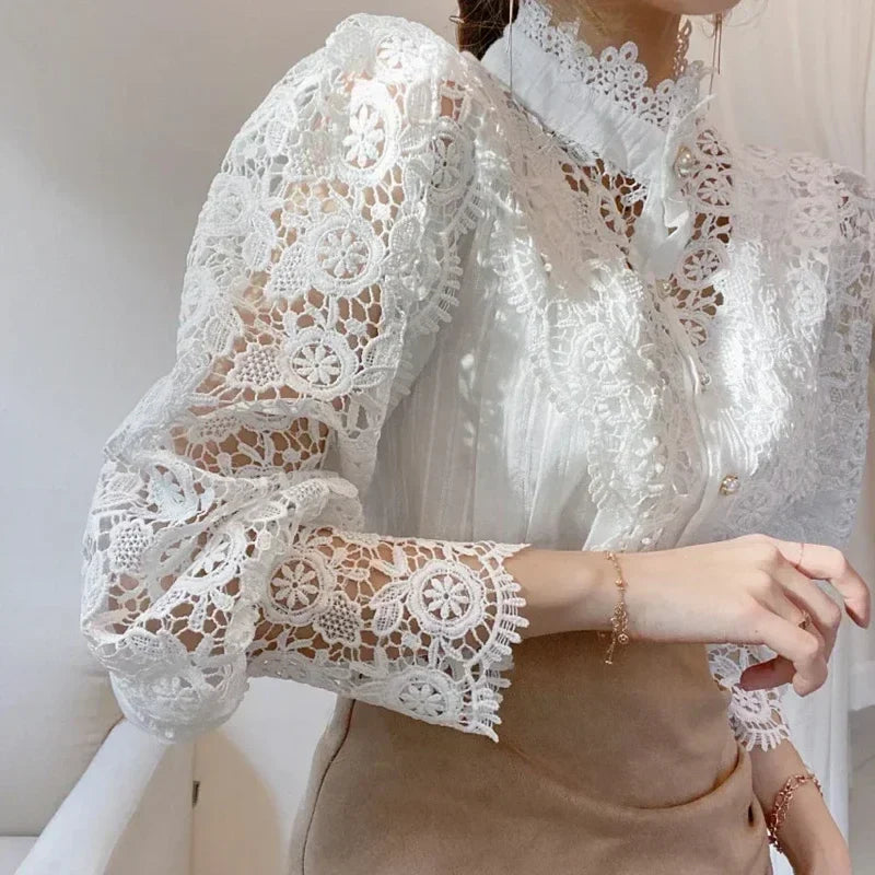 New Women's Long Sleeve High Neck  Chic Blouse, Lace Paneled Hollow Sleeve Elegant Top, Vintage Fashion Office Lady Outfits