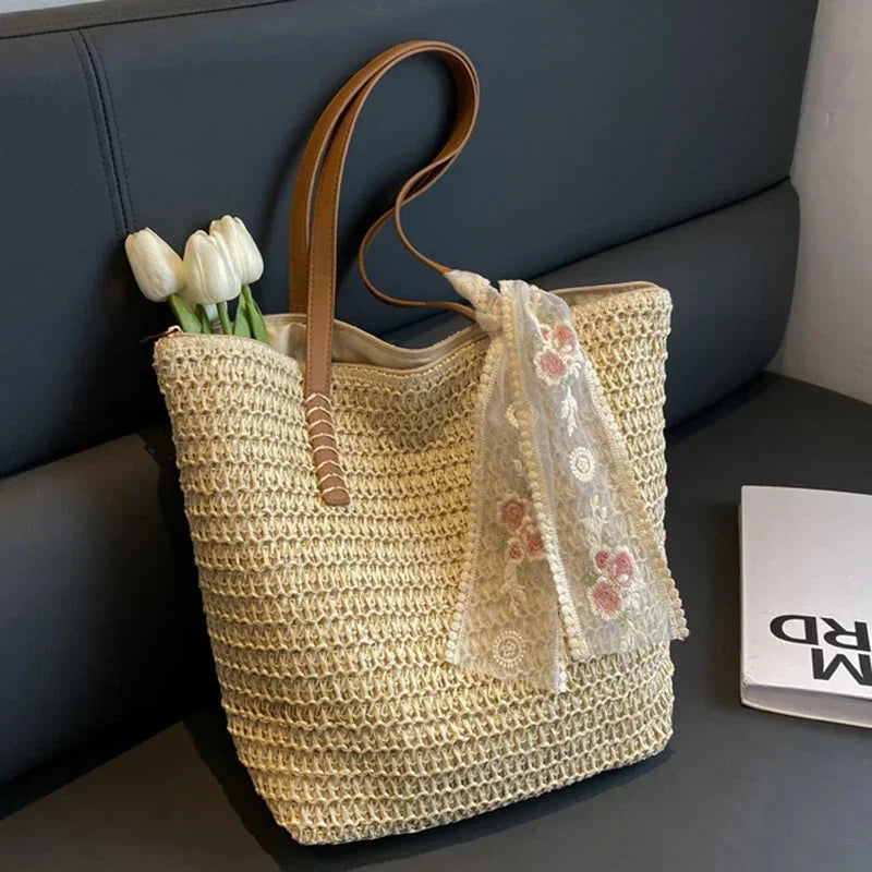 Summer Large Capacity Tote Bag Handmade Woven Shoulder Bag for Women Fresh Rural Style