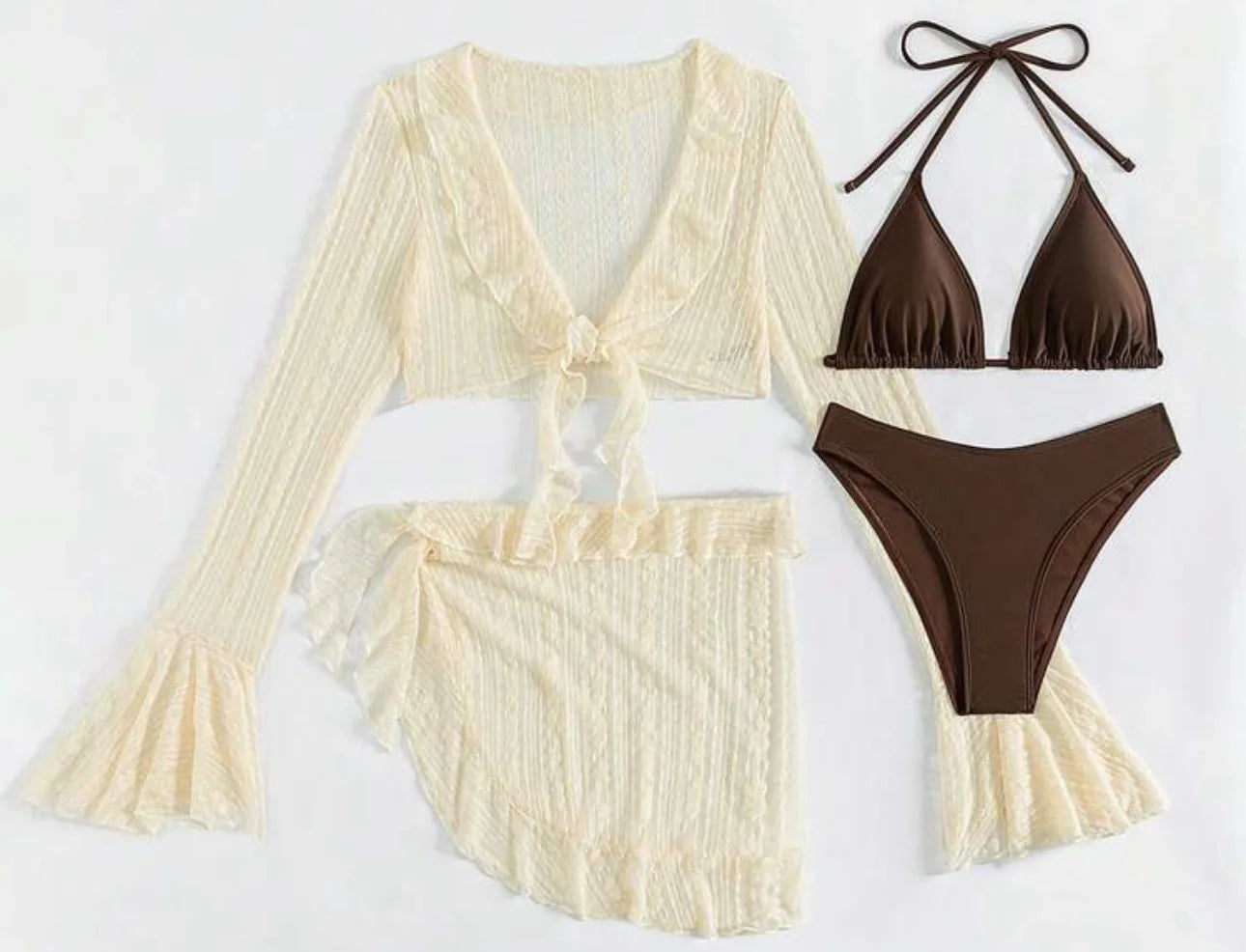 2026 Sexy Four-piece Women Swimsuit Long-sleeve Cover-up Swimwear Summer Solid Bikini Set Brazilian Beachwear Party bathing suit