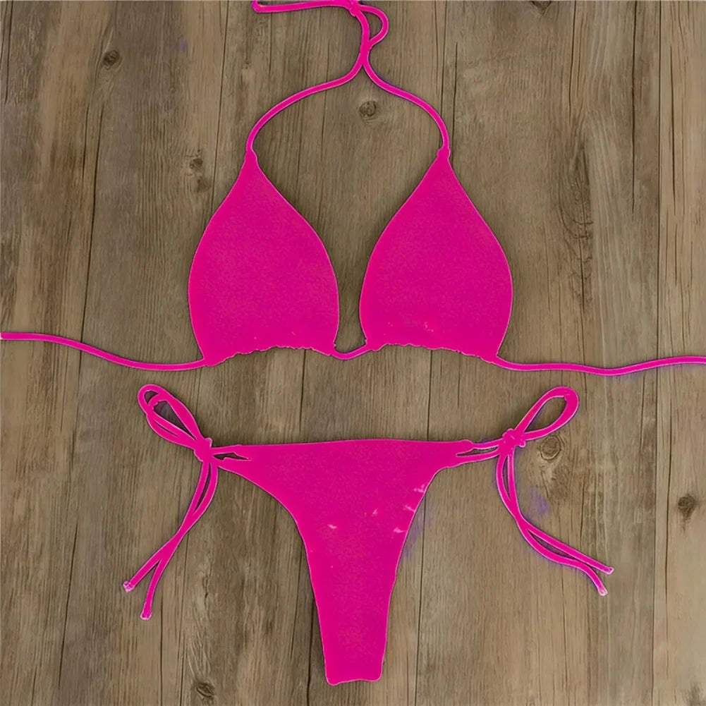 Women Tie Sexy Thong Bikini Set Side Swimsuit Bandage Style Brazilian Swimwear Split Strap Adjustable Solid Female Swimsuit Set