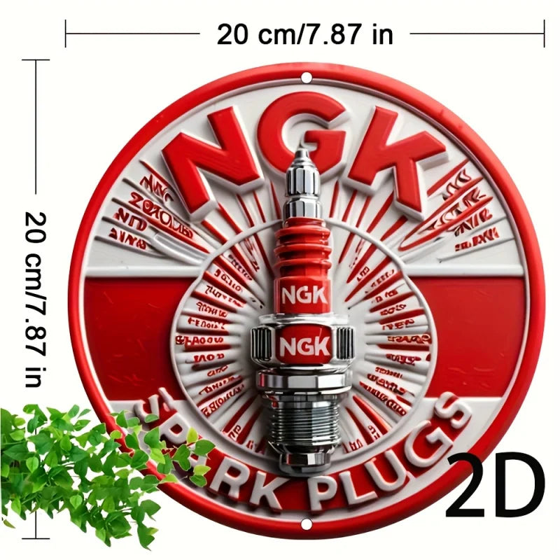 2D Flat, NGK Spark Plugs Aluminum Wall Sign, Retro 2D Round Metal Tin Plaque, Pre-Drilled, Waterproof, Weather-Resistant