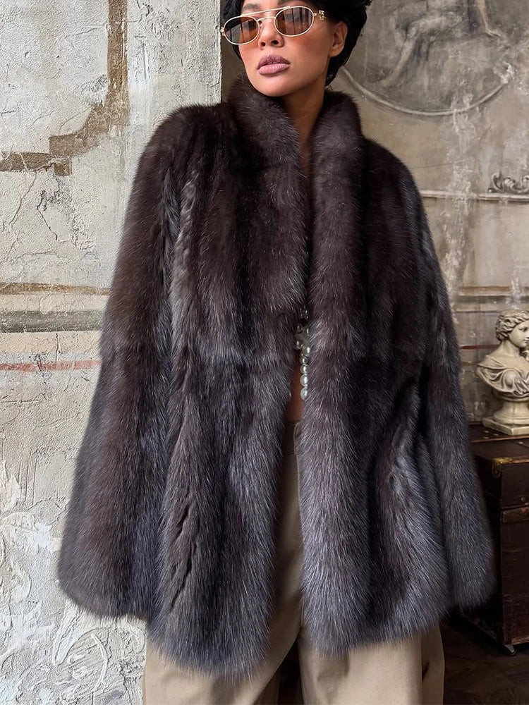 Solid Medium-length Fur Coat Women Elegant Lapel Hidden Button Loose Outerwear 2025 Winter New Office Lady Commute Overcoat