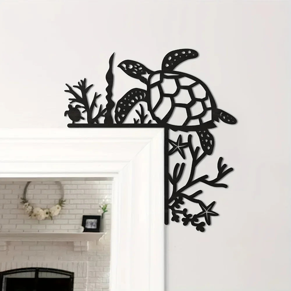 Black Metal Marine Animal Door Frame Decor - Turtle, Dolphin, Octopus, Seahorse & Starfish Patterns, Nautical Coastal Wall Art