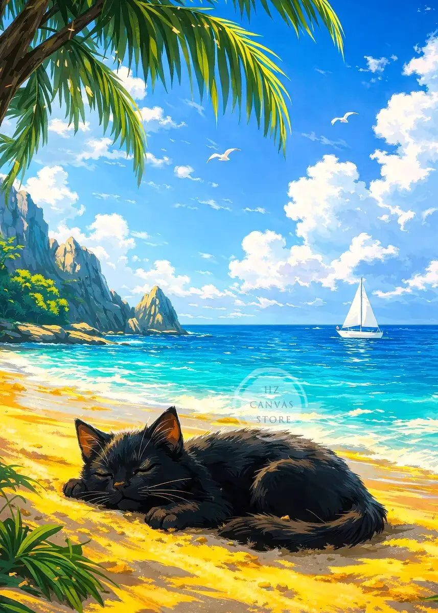 Cute Kittens Various Scenes Poster Funny Baby Cat in Daisy Field Watching Sunset on Beach Sleeping Canvas Print for Home Decor