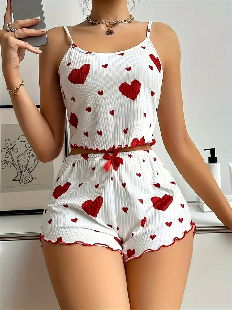 5 Size Choose S M L XL 2XL Women's Pajamas Set Straps Sleepwear Vest + Shorts Red Heart Print Nightwear Sexy Lingerie