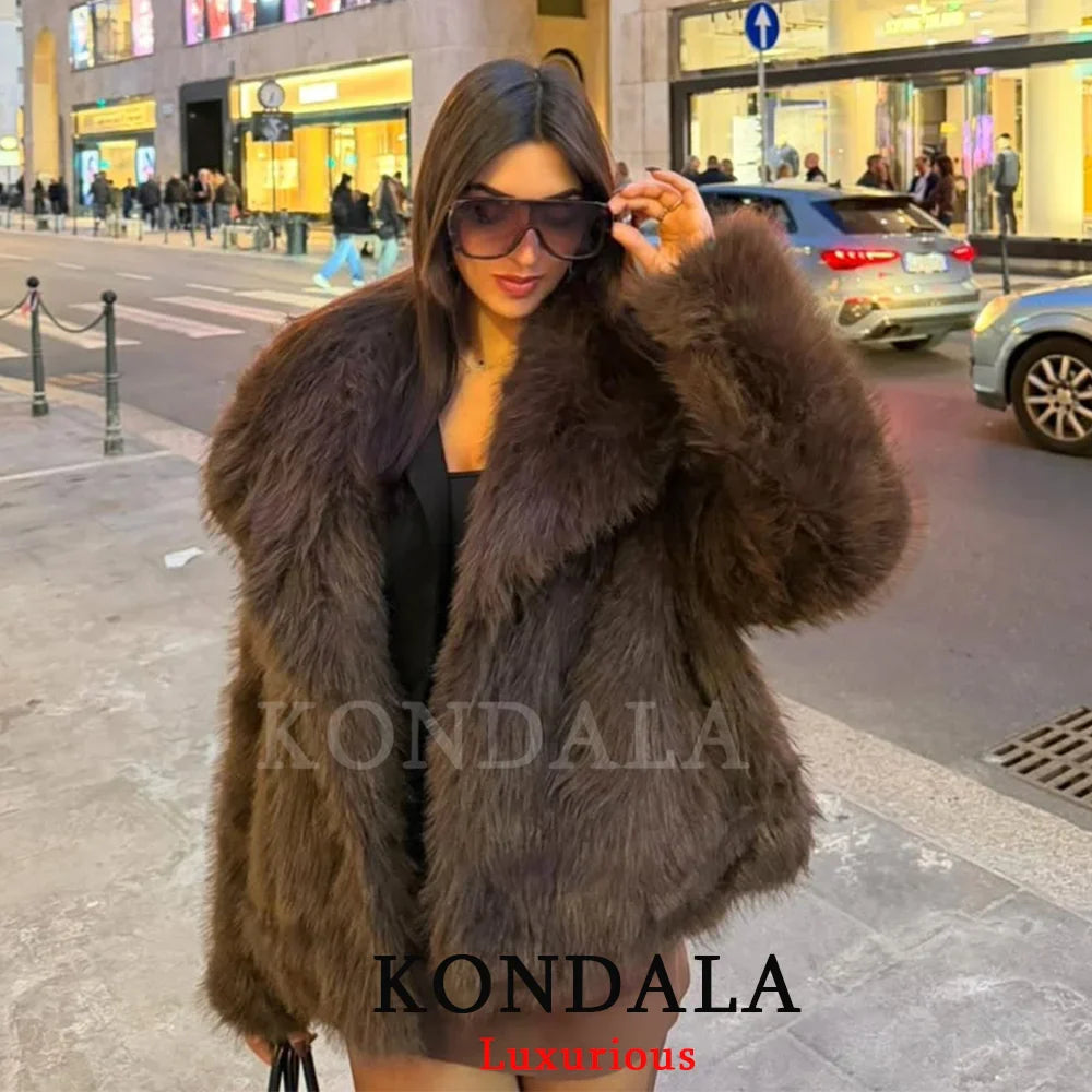 KONDALA Casual Brown Thick Fur Jackets Women Long Sleeve V Neck Autumn Winter Faux Fur Coats Fashion 2025 Streetwear Outwears