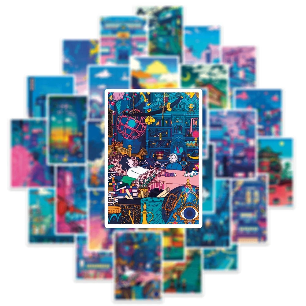 10/30/50pcs Cute Art Street Night View Cartoon Stickers Aesthetic Ins Decals Scrapbook Phone Laptop Luggage Wall Sticker Kid Toy