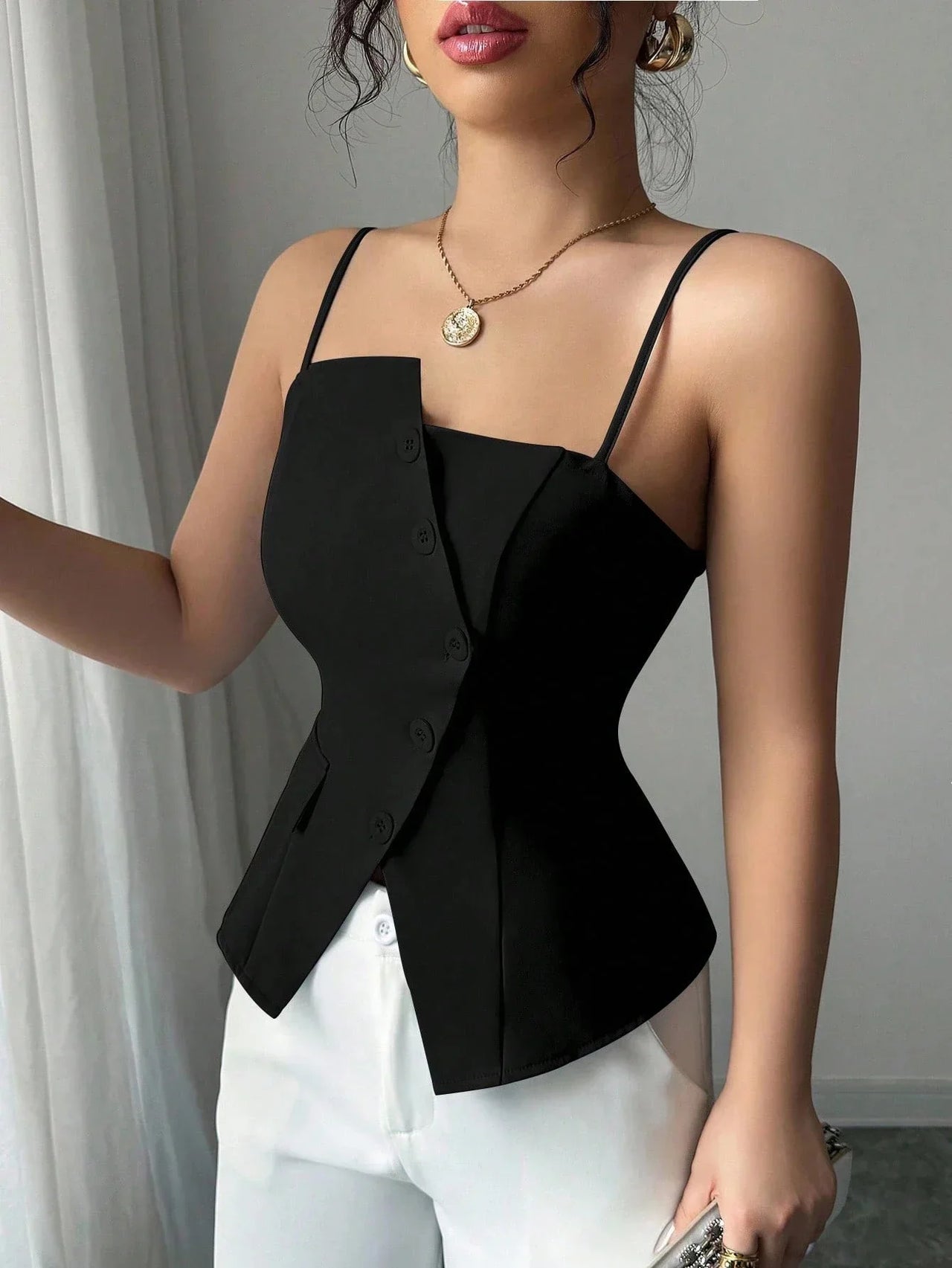 Womens Cami Top Thin Strap Asymmetric Button Cami Top Button Blazer Vest Fit Elegant Chic Apparel Tops Spring Summer Daily Shirt