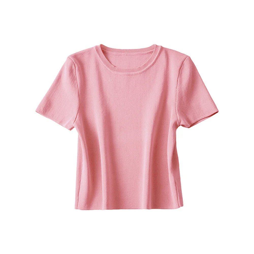 Women Fashion Striped Basic Cropped Knit Sweater Vintage O Neck Short Sleeve Female Pullovers Chic Tops