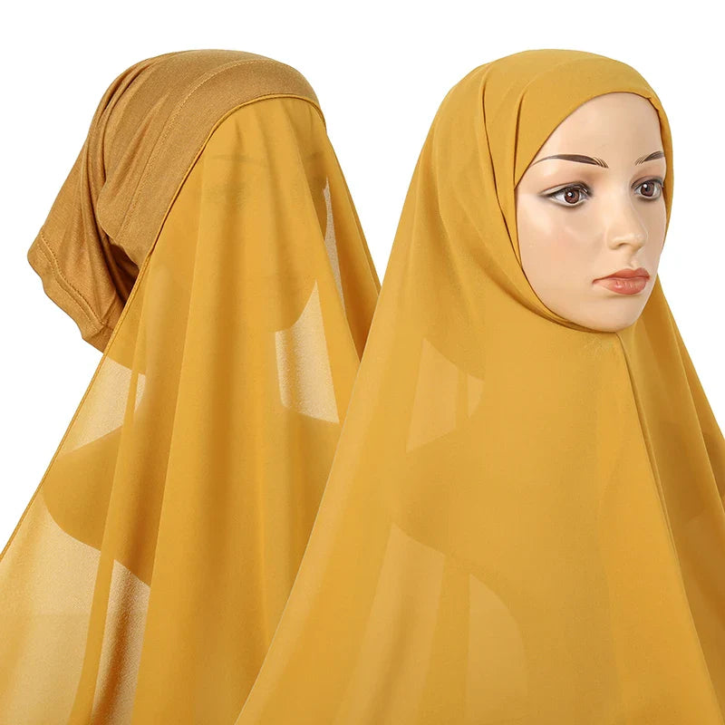 New Plain Instant Hijab Bubble Chiffon With Modal Tube Cap Set Muslim Woman Hijab Innerscarf Casual Long Scarf Islamic Turban