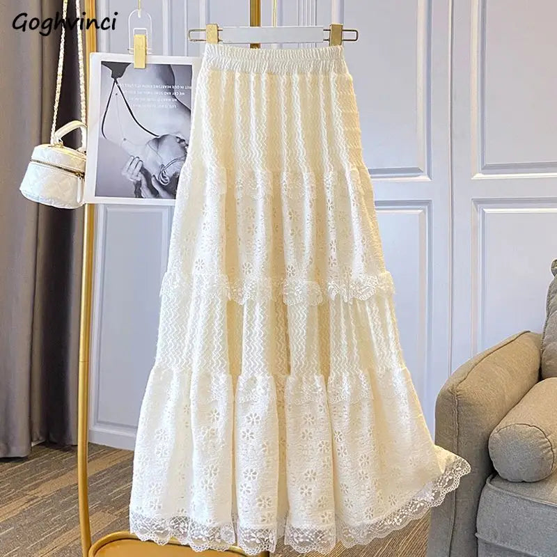 Lace Skirts Women French Style Ankle-length High Elastic Waist Hollow Out Patchwork New Loose Slim Korean  A-line Sweet Fit