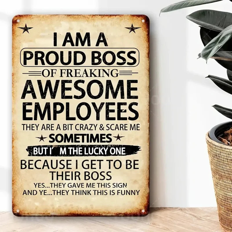 1 Piece 'Awesome Employee's Proud Boss' Aluminum Sign, 8x12 Inches - Humorous and Motivational Wall Art with Vintage Design