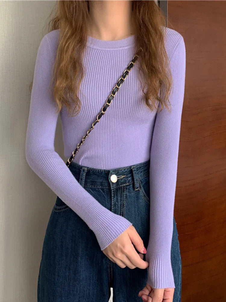 2026 New Women Sweater Autumn Winter Long Sleeve Pullover Basic Top Fashion O-neck Elastic Female Winter Solid Knitted Jumper