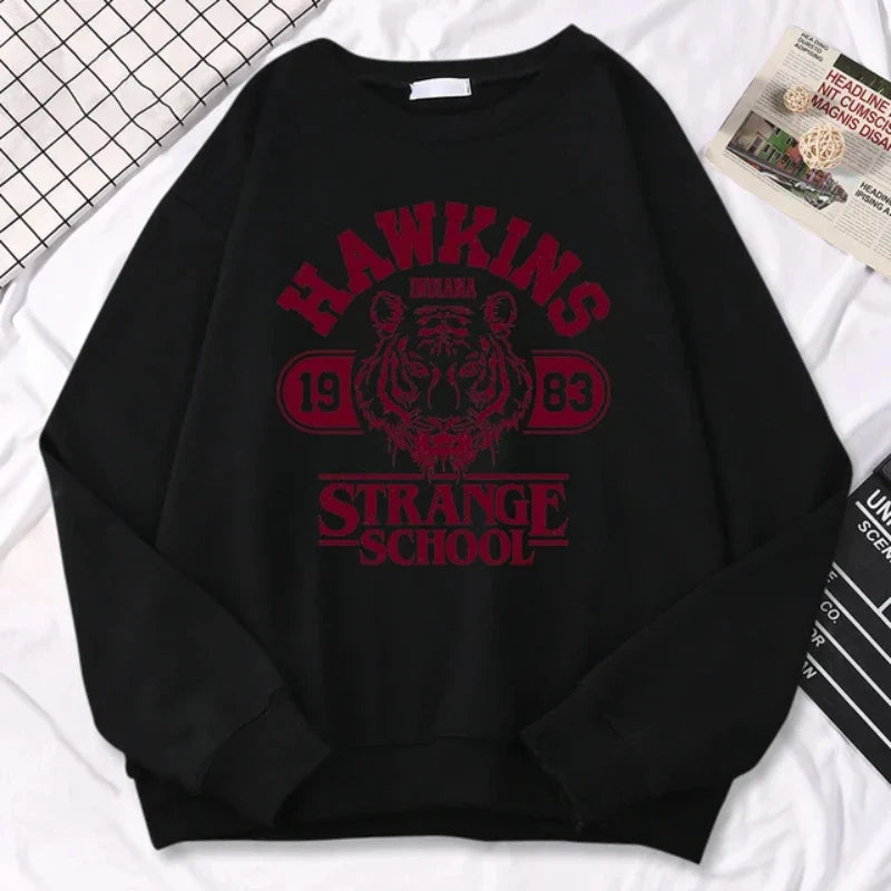 Casual Street Women's Sportswear Hawkins High School Indiana 1983 Printed Hoodie Loose Round Neck Warm Hoodie