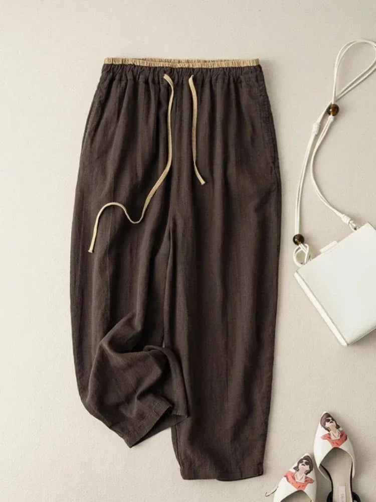Retro commuting pants, Korean version, minimalist style, cotton linen wide leg casual pants, women's loose hanging straight leg