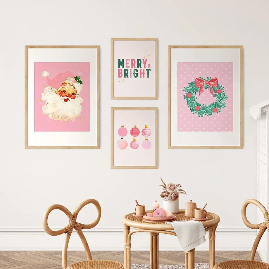 Modern Simple Wall Art Pink Christmas Tree Father Christmas HD Canvas Print Poster Home Living Room Bedroom Decoration