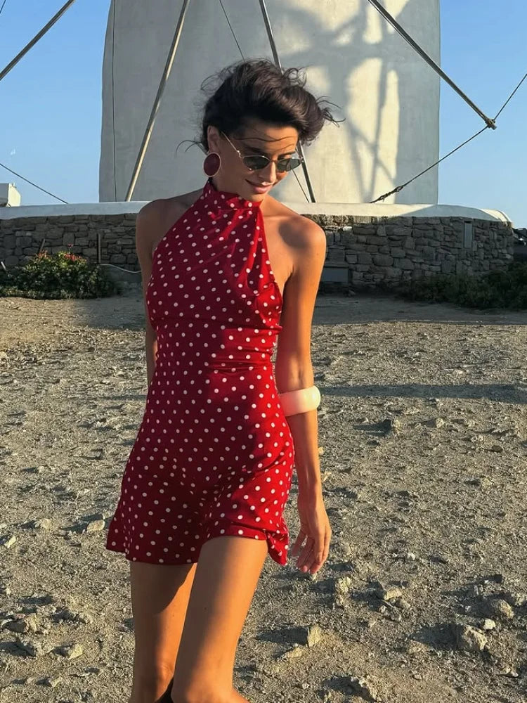 Retro Backless Polka Dot Halter Dress Women Sleeveless Off Shoulder Lace Up Slim Mini Dresses Lady Holiday Party Vestidos 2026
