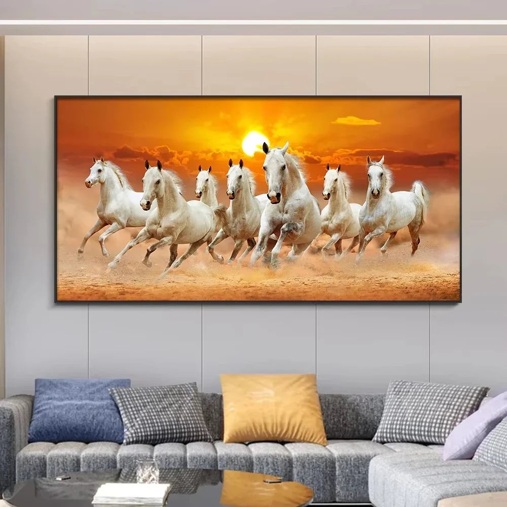 Modern Simple Wall Art 7 Running White Horses Sunset Scenery HD Canvas Printing Poster Home Living Room Bedroom Decoration