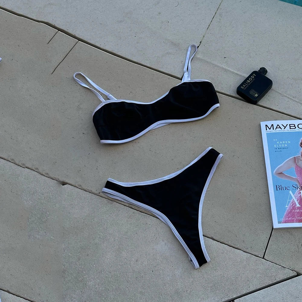 Sexy Black White Micro Bikini 2023 Women Bandeau Padded Thong Swimsuit Female Cut Out Bathing Suit Swimwear Biquini swim