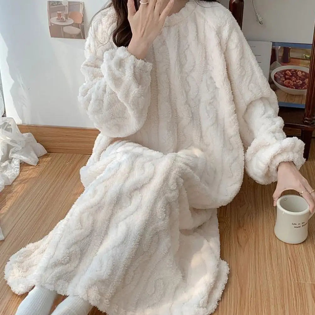 Coral Velvet Women's Nightgown Autumn And Winter Long Sleeve Double Pocket Flannel Nightgowns Women Loose Solid Sleepwear