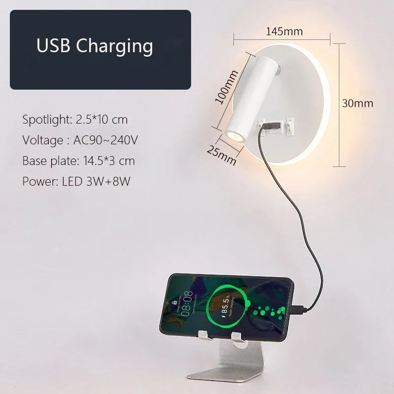 Modern Minimalist Led Wall Lamp USB Charging Indoor Bedroom Lamp Hotel Bedside Reading Lamp Wall Lights Sconce Switch AC 90~240V