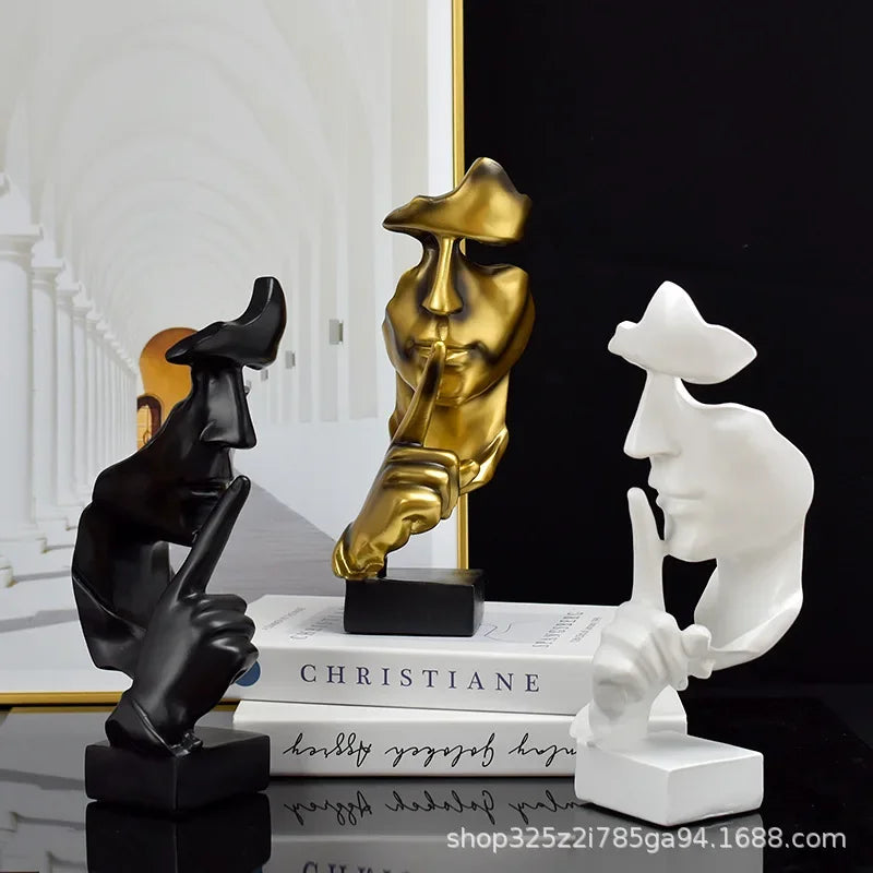 Home Decor Thinker Statue Sculpture Silence Is Gold Figurines Resin Retro  For Office Study Living Room Abstract Face Ornaments