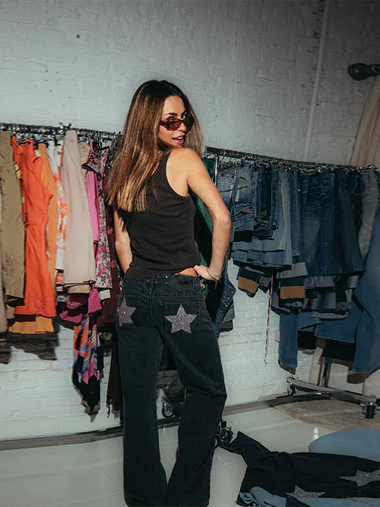 Trendy Women's Denim Jeans Pant High Waist Baggy Pants With Bead Studs Y2K Style High Street Jeans Female Casual Chic Trousers
