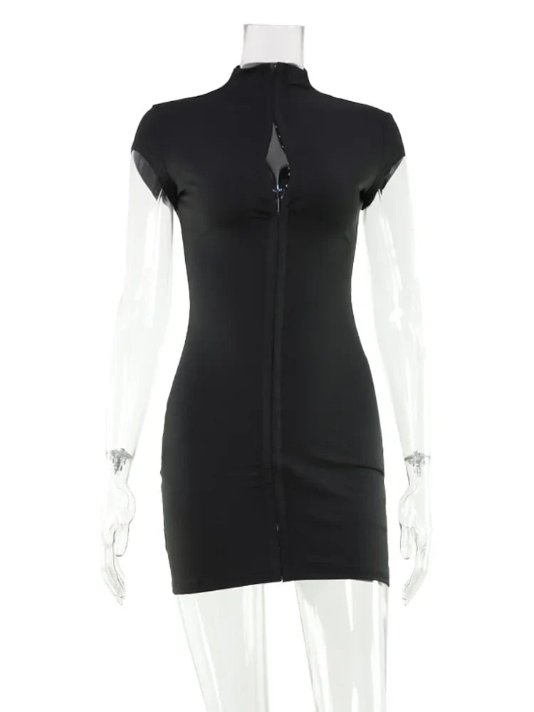 CNYISHE Solid Butoon High Collar Short Sleeve Women Dresses Sheath Trendy Chic Sexy Club Hot Girl Hip Wrap Outfits Female Skinny