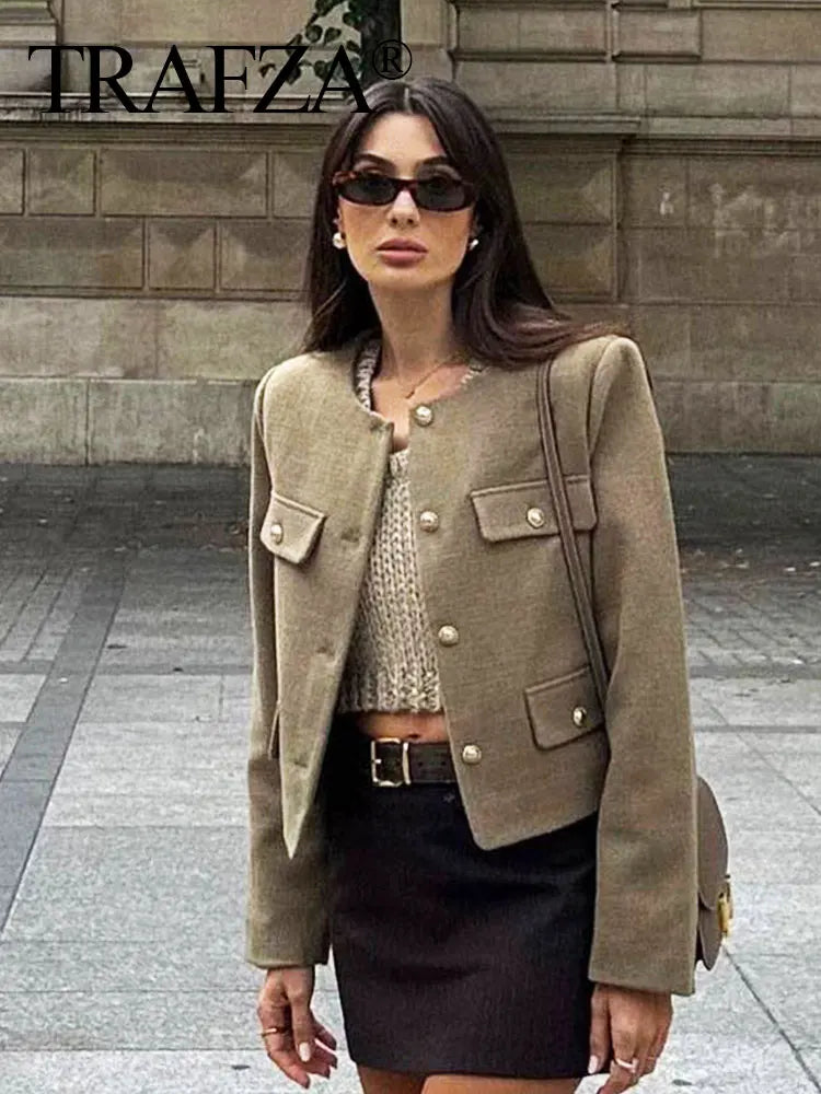 HH Women Vintage Solid Coat Button Long Sleeve O Neck Jacket With Pocket 2024 Spring Elegant Female Casual Outerwear Jakcet