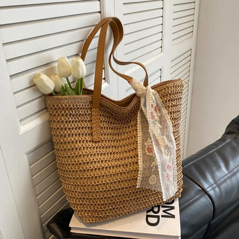 Summer Large Capacity Tote Bag Handmade Woven Shoulder Bag for Women Fresh Rural Style