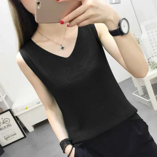 Fashion Woman Blouses 2024 V-neck Knitted Blouse Shirt Women Clothes Sleeveless Summer Blouse Women Womens Tops And Blouses C860