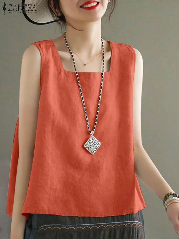 ZANZEA Summer Tanks Tops Women Square Neck Sleeveless Blouse Elegant Cotton Shirt Casual Solid Holiday Beach Blusas Female Tunic