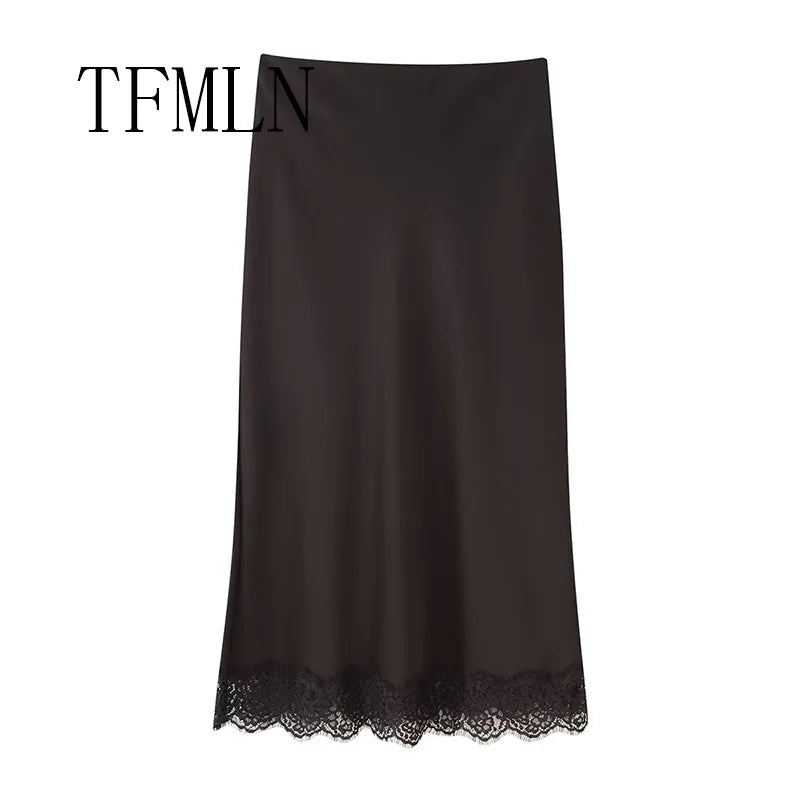 TFMLN Elegant Lace Splice Satin Half Skirt Women's Fashion Wrap Around Long Skirt High Quality Feel New 2025 Style