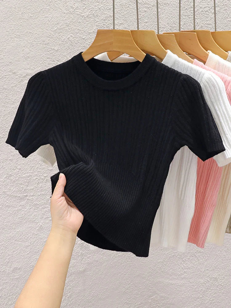 2026 Summer T shirts for Women Casual Female Korean Knit Streetwear Tees Basic Solid Young Cool Tops