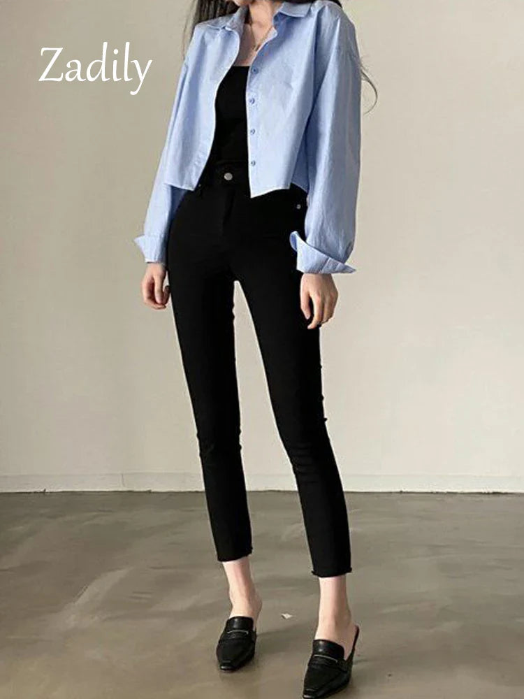 Zadily 2023 Spring New Casual Long Sleeve Women White Shirt Korea Style Solid Button Split Woman Crop Tops Blouse Party Clothing