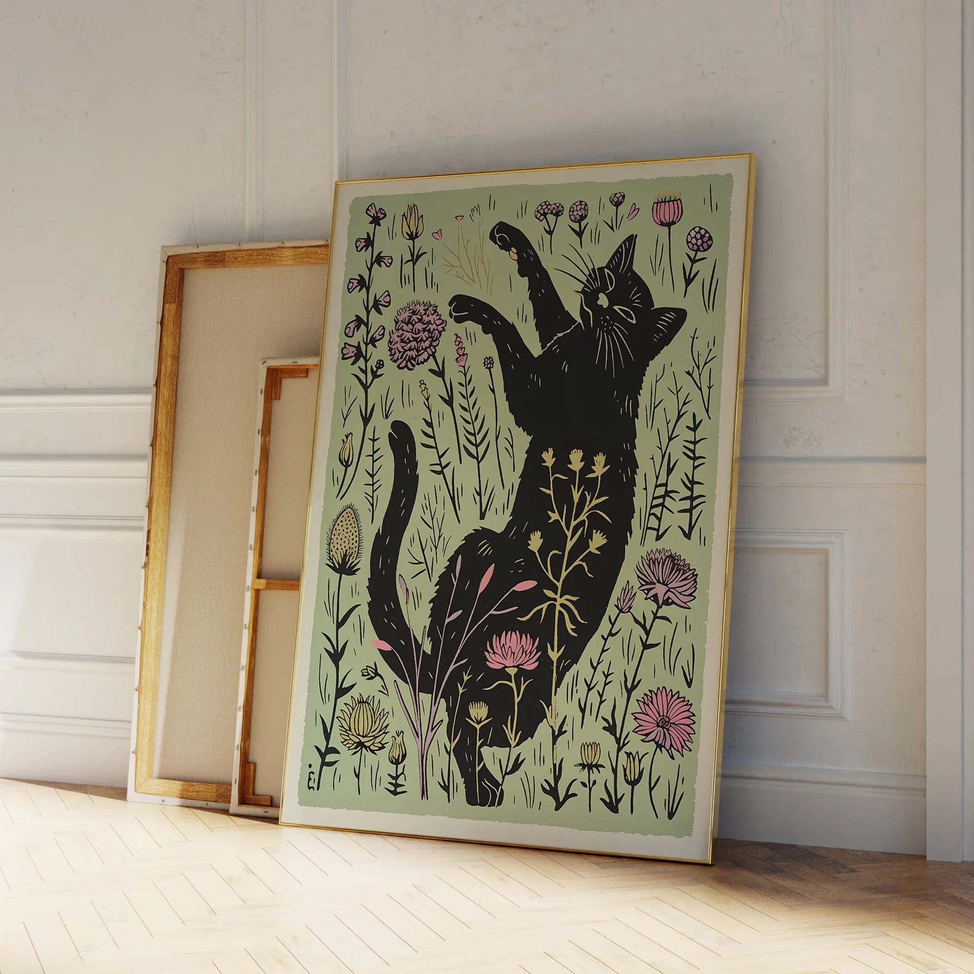 Modern Cute Black Cat With Flowers Lllustration Wall Art Prints Canvas Painting Poster Picture For Living Room Home Decor
