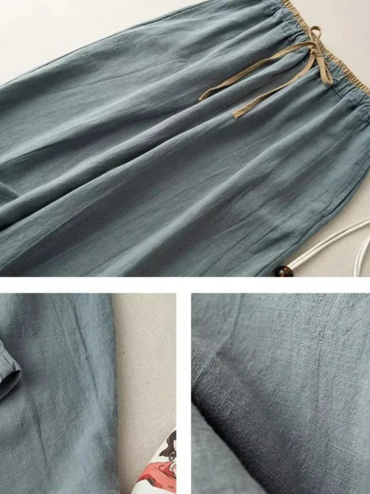 Retro commuting pants, Korean version, minimalist style, cotton linen wide leg casual pants, women's loose hanging straight leg