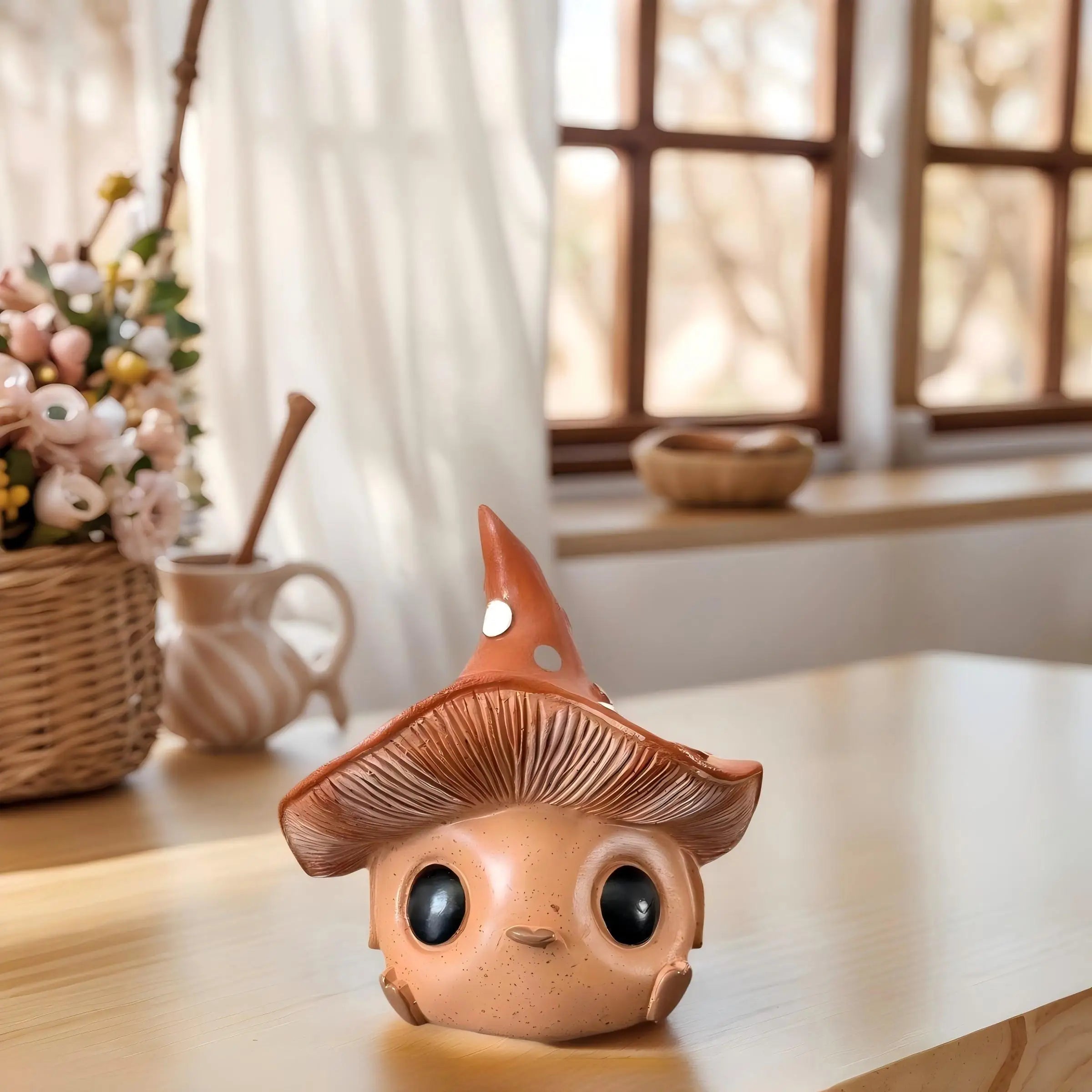 Charming and Adorable Mushroom Elf Statue, with Wide Open Eyes and a Pouty Mouth, Suitable for Home and Office Decoration, a Great Choice for Holiday Gifts, Featuring a Unique Design and Natural Style.