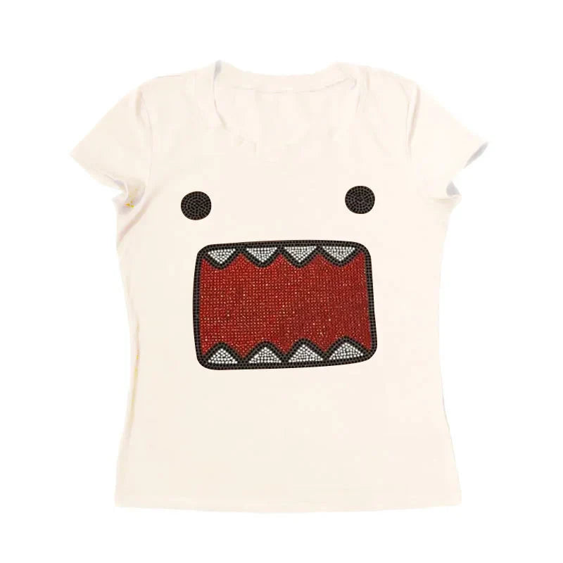 2025 summer new women Y2K Girl Retro Hot Fix Rhinestone Application Round  Neck Top T-shirt  Funny Vintage Tama Jun Top