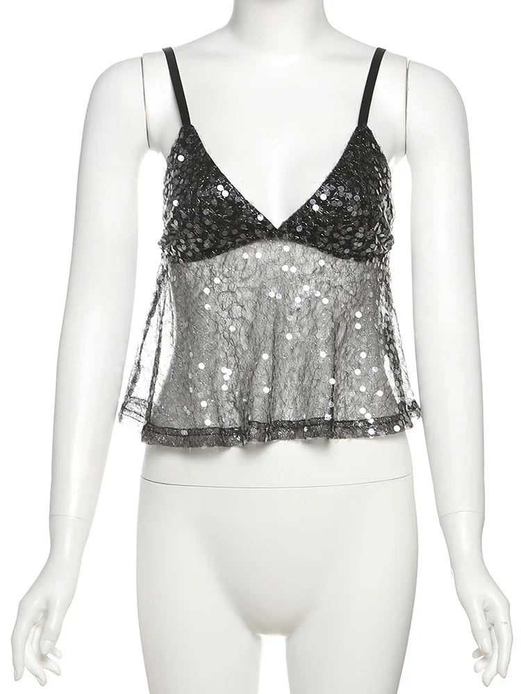Weird Puss Sequins Patchwork Mesh Camisole Women v-Neck Sexy Backless Summer Trend Street Midnight Versatile Hottie Classic Tops