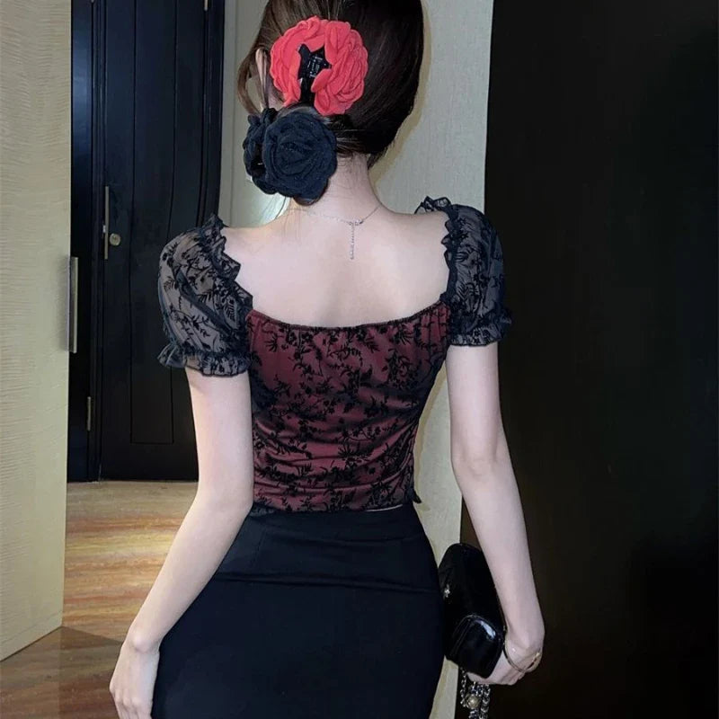 Blouses Women Lace Sexy Slim Tops Hot Girls Summer Stylish Short Puff Sleeve Seductive Backless Slash Neck Mesh Aesthetic Chic