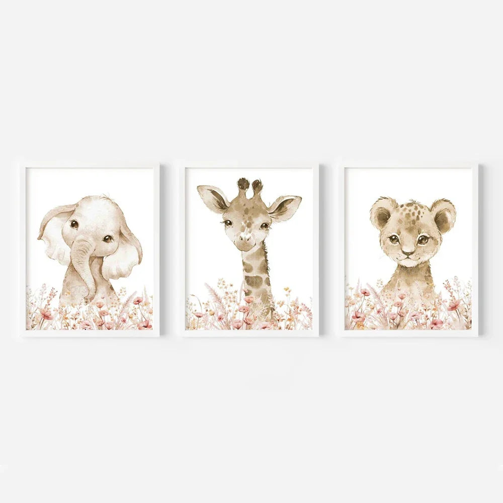 Nordic Modern pink Cute Animal Elephant Giraffe Cat Prints Canvas Painting Poster For Living Room Play Room Kids Room Home Decor