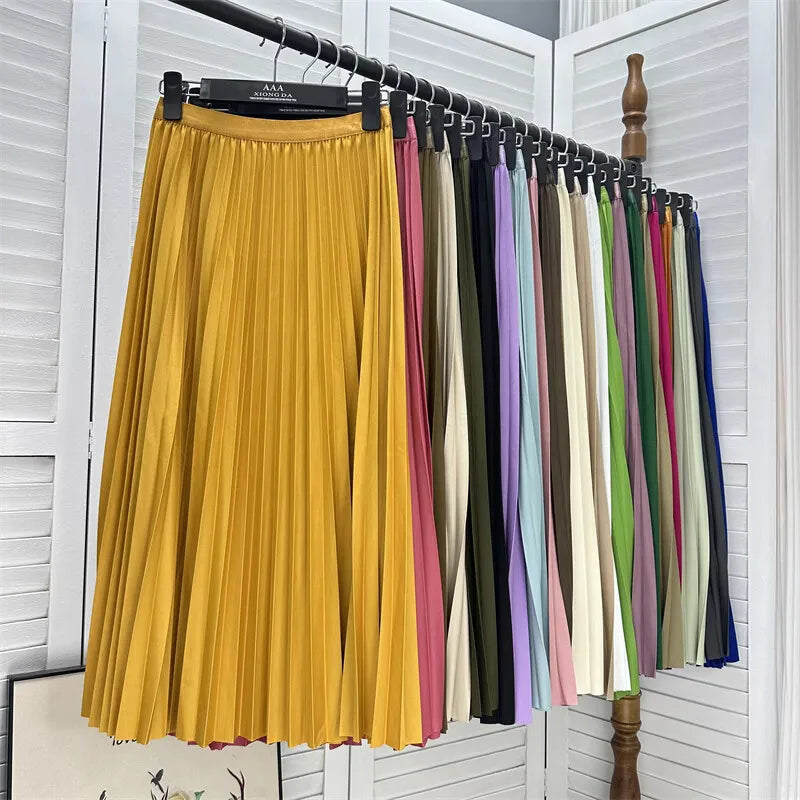 2026 Elegant High Waist Pleated Skirt for Women Mid-long Midi Skirt Female High Quality Black Saia