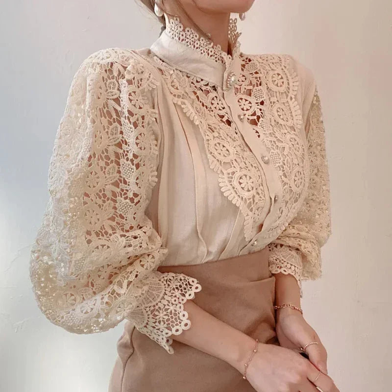 New Women's Long Sleeve High Neck  Chic Blouse, Lace Paneled Hollow Sleeve Elegant Top, Vintage Fashion Office Lady Outfits