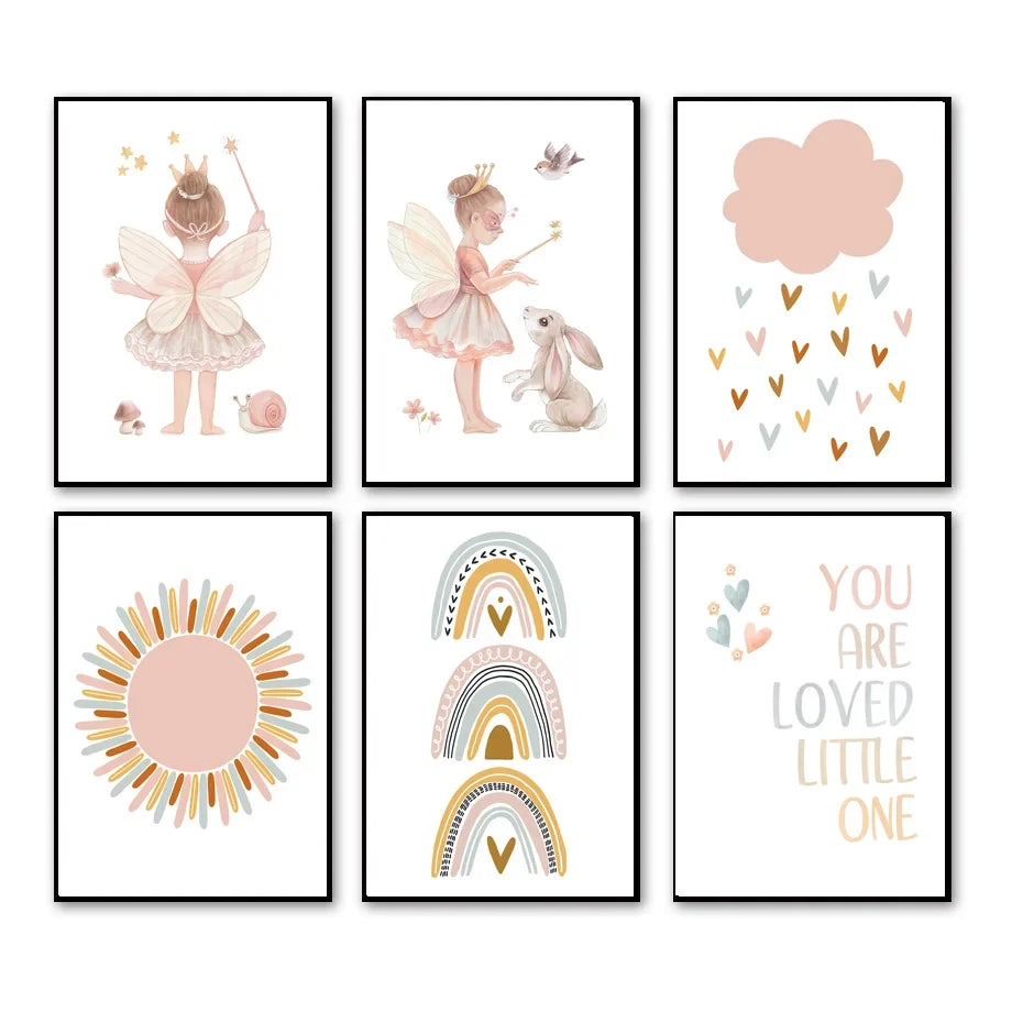 Kawaii Angel Girls Rabbit Sun Rainbow Cloud Cartoon Children Posters Canvas Painting Wall Art Print Picture Baby Kids Room Decor