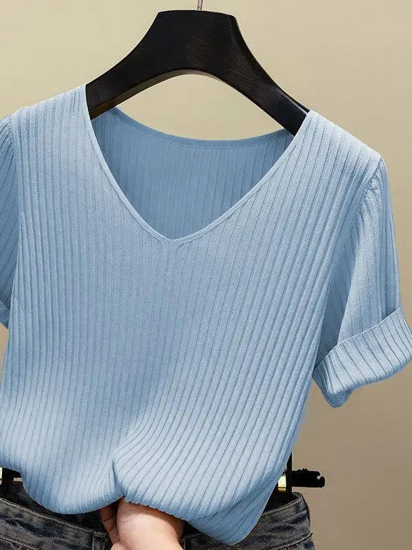 AOSSVIAO 2026 Basic V-neck Solid Thin Summer Women Pullover Female Thin Knitted Ribbed Sweater Slim Short Sleeve Bodycon Sweater
